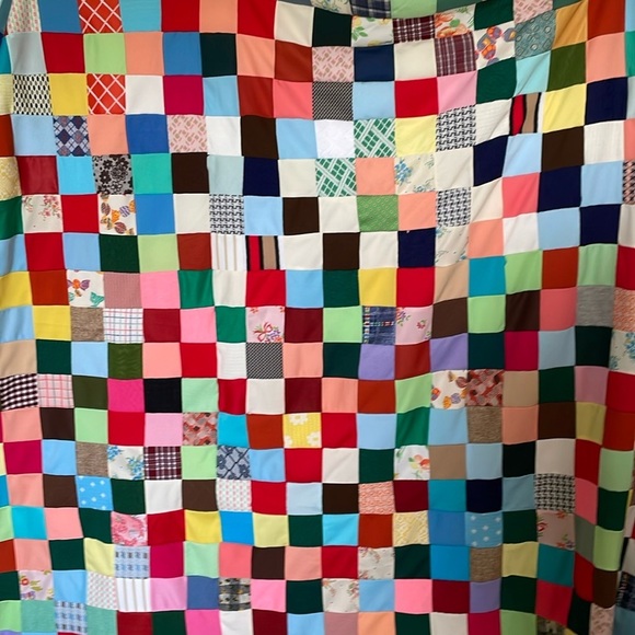 VTG crazy quilt top. No backing. Top only. Polyester 2.5” squares. Vibrant color
